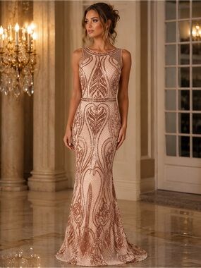 ED Young Rose Gold Sequin Mermaid Gown M Mardi Gras Ball Open Back Prom Gatsby